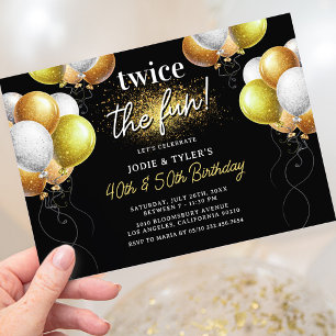 Adult Black and Gold Balloon Joint Birthday Invitation
