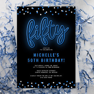 Adult Blue Neon 50th Birthday Party Invitation