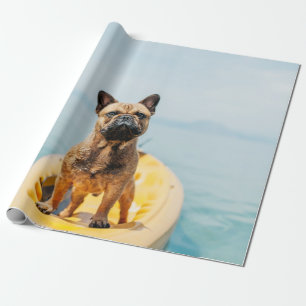 Adult brown French bulldog standing on kayak Wrapping Paper