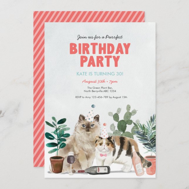 Adult Cats Plants and Wine Birthday Invitation (Front/Back)