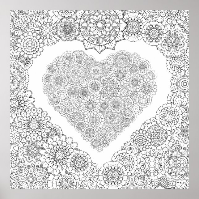 Adult Colouring Flower Heart Poster (Large) (Front)
