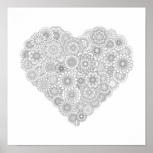 Adult Colouring Flower Heart Poster (Small)