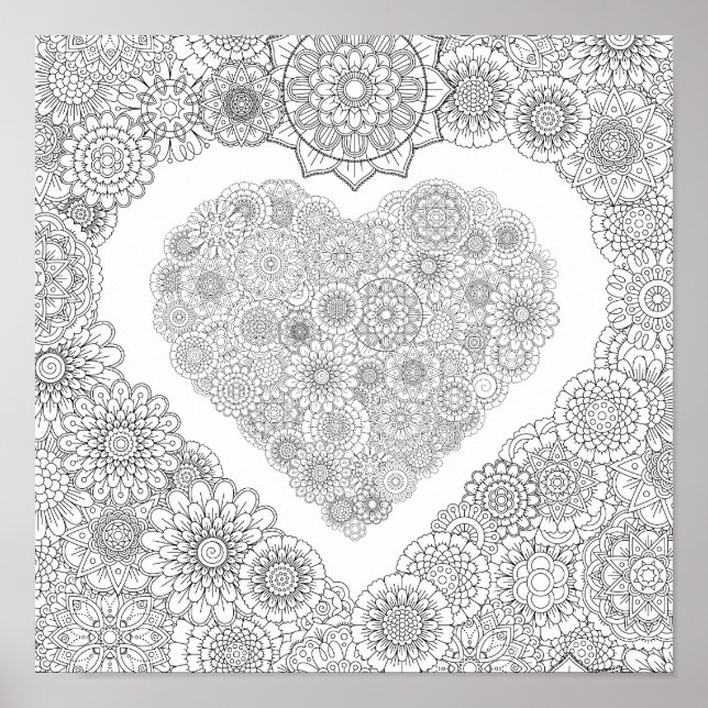 Adult Colouring Flower Heart Poster (Small) (Front)