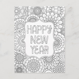 Adult Colouring Happy New Year Postcard