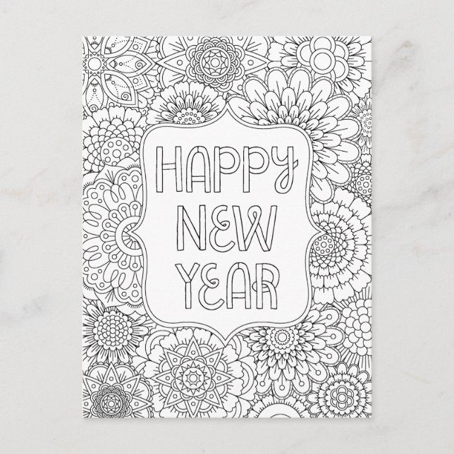 Adult Colouring Happy New Year Postcard (Front)