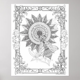 Adult Colouring Poster "Sunflowers and Bee Art"