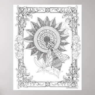 Adult Colouring Poster "Sunflowers and Bee Art"