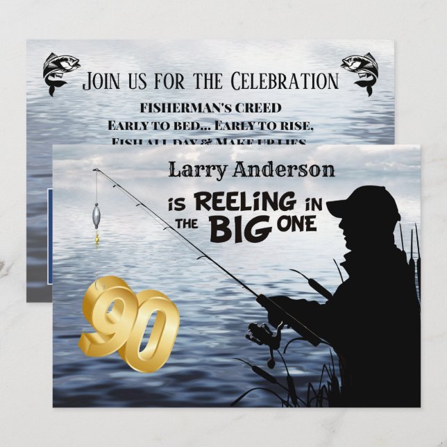 Adult Fisherman Milestone 90 Birthday 4- Big One Invitation (Front/Back)
