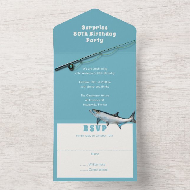 Adult Fishing Themed Birthday Party All In One Invitation (Inside)
