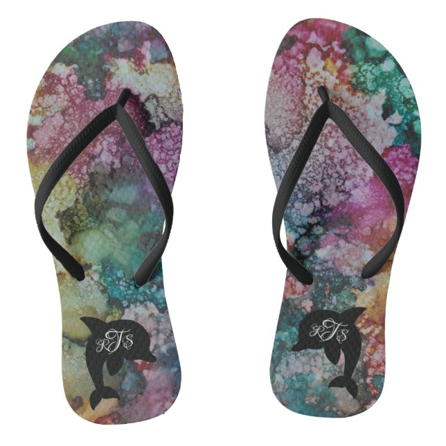 Adult Flip-Flops"Inkblots Pink GoldGreens Dolphin" Jandals (Footbed)