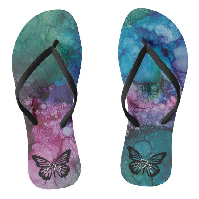Adult Flip-Flops "Inkblots Pink-Greens Butterfly" Jandals (Footbed)
