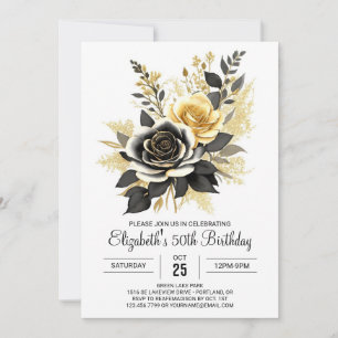 Adult Flowers Gold and Black 50th Birthday Invitation