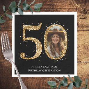 Adult Gold Glitter 50th Birthday Photo Napkin