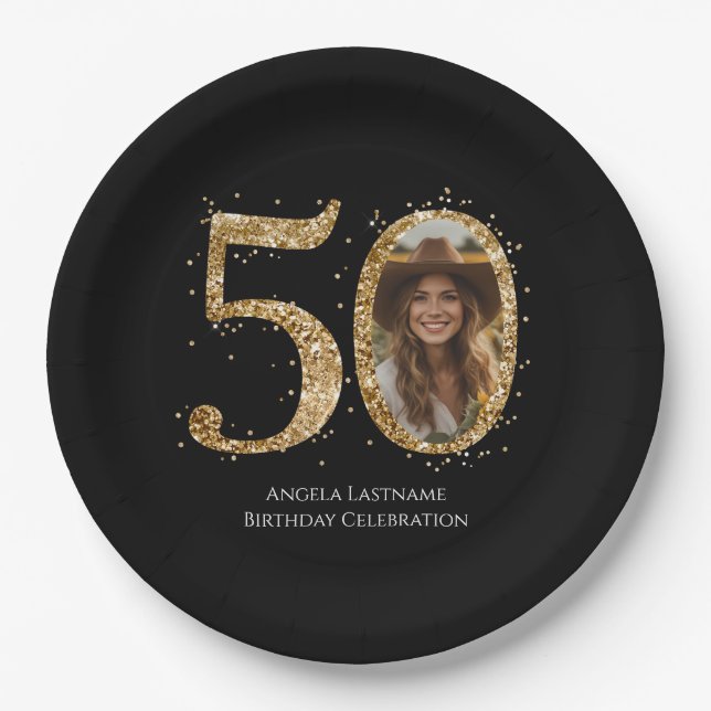 Adult Gold Glitter 50th Birthday Photo Paper Plate (Front)