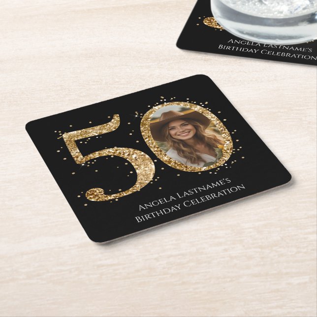 Adult Gold Glitter 50th Birthday Photo Square Paper Coaster (Angled)