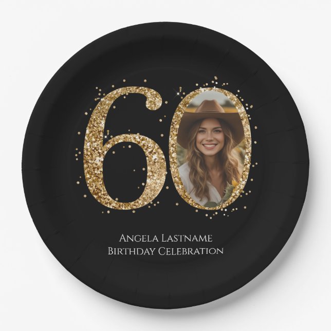 Adult Gold Glitter 60th Birthday Photo Paper Plate (Front)