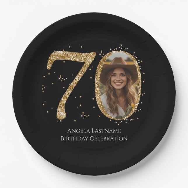 Adult Gold Glitter 70th Birthday Photo Paper Plate (Front)