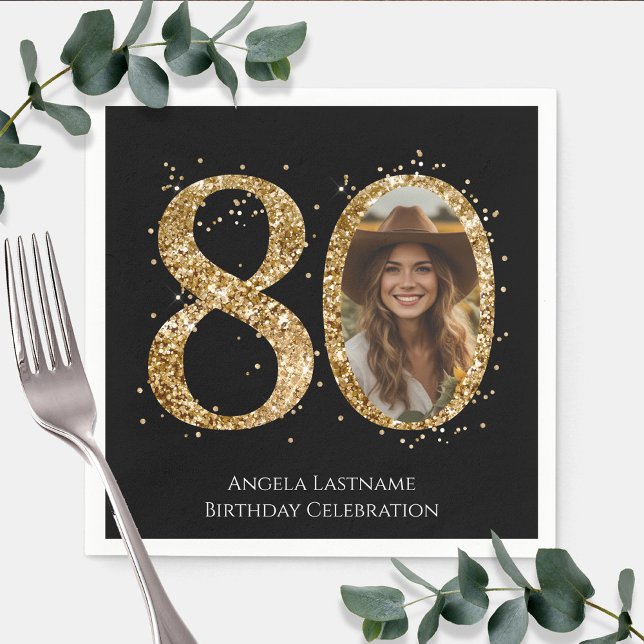 Adult Gold Glitter 80th Birthday Photo Napkin (Creator Uploaded)