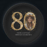 Adult Gold Glitter 80th Birthday Photo Paper Plate<br><div class="desc">80th Birthday Gold Glitter Photo party template. Available as a digital download printable.
Custom,  personalised,  editable download</div>