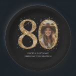 Adult Gold Glitter 80th Birthday Photo Paper Plate<br><div class="desc">80th Birthday Gold Glitter Photo party template. Available as a digital download printable.
Custom,  personalised,  editable download</div>