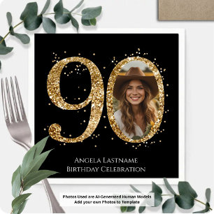 Adult Gold Glitter 90th Birthday Photo Napkin