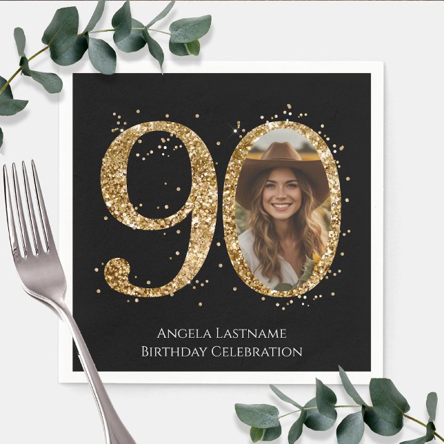 Adult Gold Glitter 90th Birthday Photo Napkin (Creator Uploaded)
