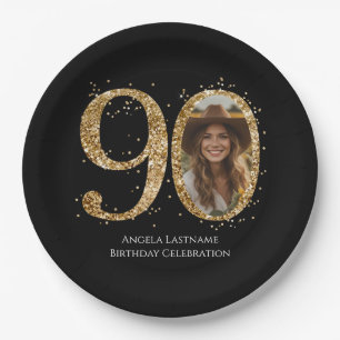 Adult Gold Glitter 90th Birthday Photo Paper Plate