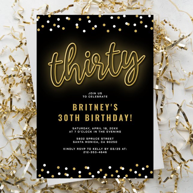 Adult Gold Neon 30th Birthday Party Invitation (Creator Uploaded)
