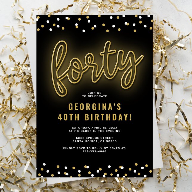 Adult Gold Neon 40th Birthday Party Invitation (Creator Uploaded)