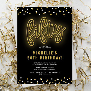 Adult Gold Neon 50th Birthday Party Invitation