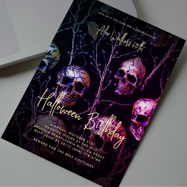 Adult Halloween Birthday Party Gold Purple Skull Invitation (Adult Halloween Birthday Party Gold Purple Skull Modern Invitation
)