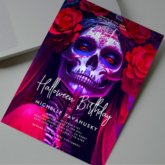 Adult Halloween Birthday Red Lady Skull Modern Invitation (Adult Halloween Birthday Red Lady Skull Modern Invitation
)