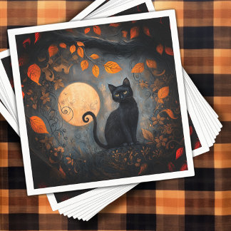 Adult Halloween Black Cat Ornate Full Moon Party Napkin