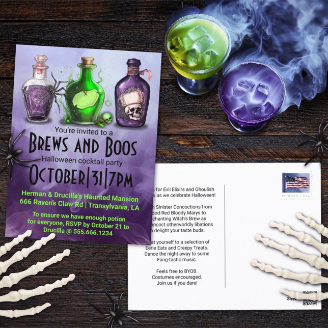 Adult Halloween Brews and Boos Cocktail Party Holiday Postcard (Creator Uploaded)