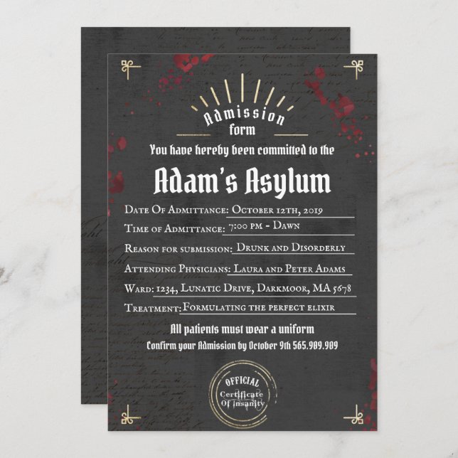 Adult Halloween Lunatic Asylum Spooky Gothic Party Invitation (Front/Back)