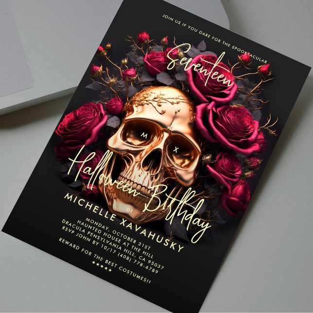 Adult Halloween Party Black Gold Skull Red Roses Invitation (Adult Halloween Party Birthday Gothic Black Gold Skull Red Roses Invitation
)