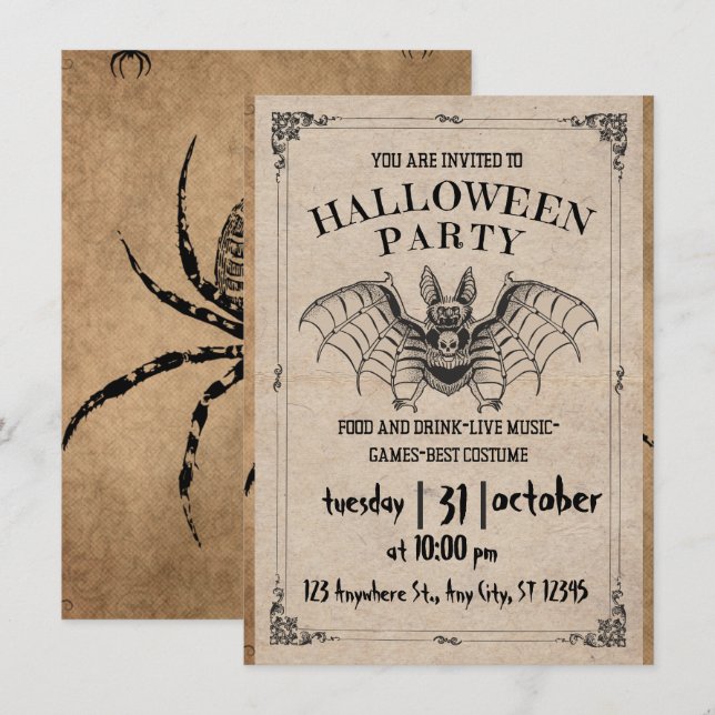 Adult Halloween Party Vintage Gothic bat Invitat Invitation (Front/Back)