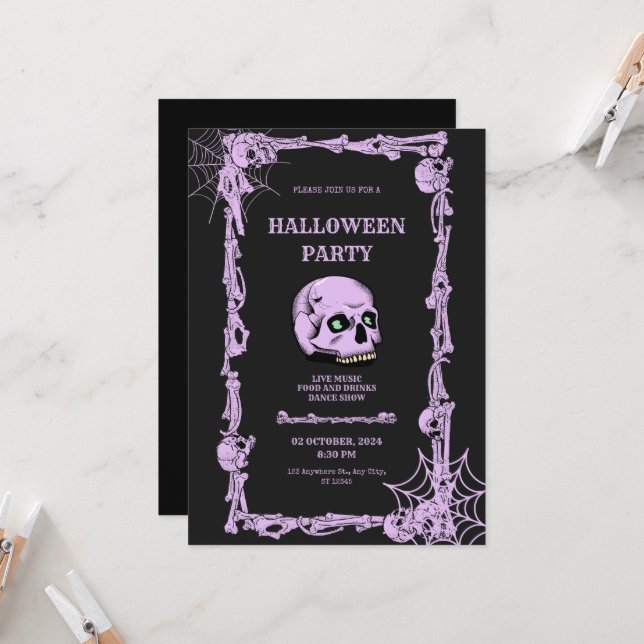 Adult Halloween Party Vintage Gothic Skull  Invitation (Front/Back In Situ)