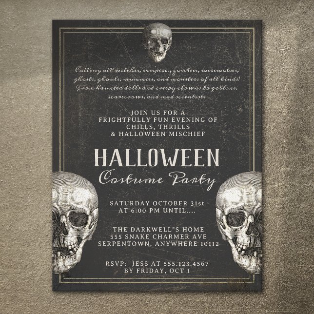 Adult Halloween Vintage Skull Party  Flyer (creepy vintage skull halloween party invitation)