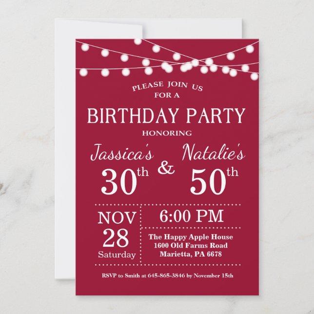 Adult Joint Birthday Party Invitation Burgundy Red (Front)