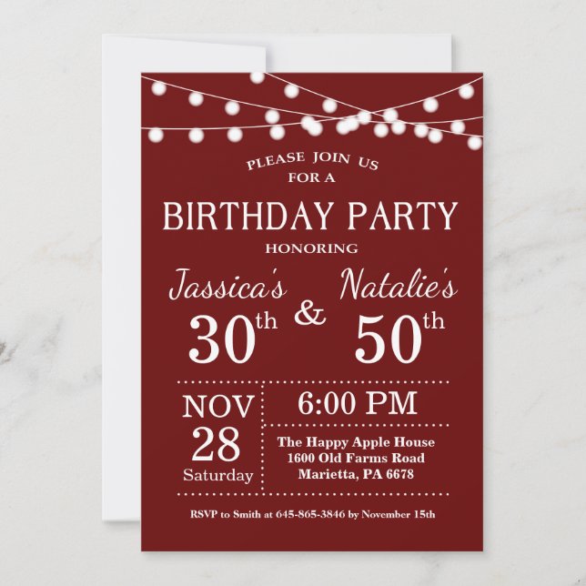 Adult Joint Birthday Party Invitation Dark Red (Front)