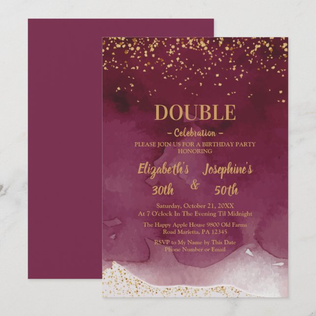 Adult Joint Birthday Party | Purple Gold Glitter Invitation (Front/Back)
