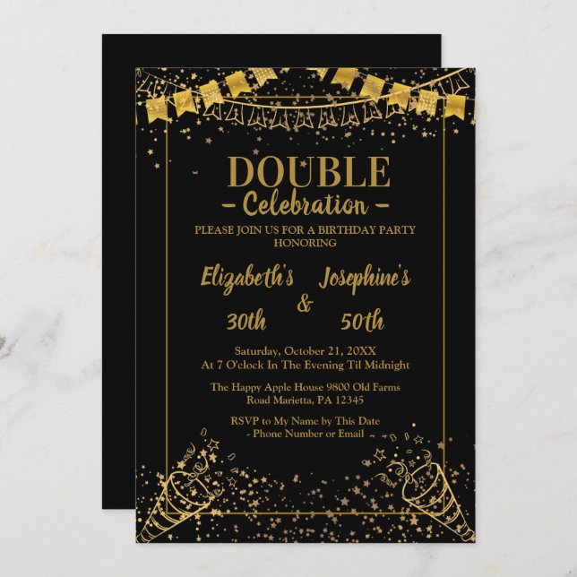 Adult Joint   Double Birthday Party | Black Gold  Invitation (Front/Back)