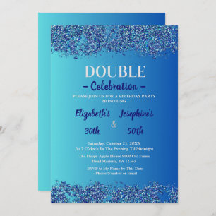 Adult Joint Double Birthday Party Blue glitter Invitation