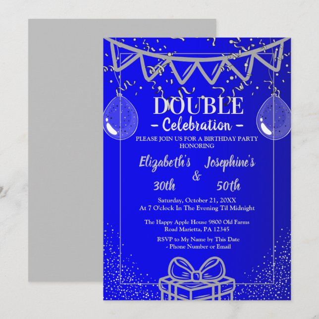 Adult Joint   Double Birthday Party | Blue Silver Invitation (Front/Back)