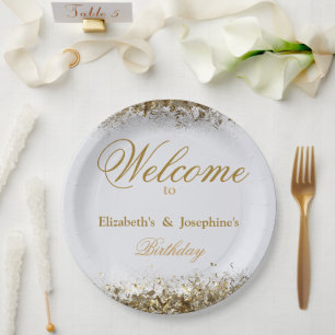 Adult Joint Double Birthday Party White Gold Paper Plate