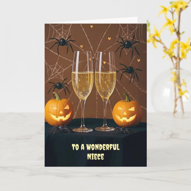 Adult Niece Halloween Cute Funny Champagne Card (Yellow Flower)