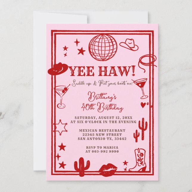 Adult Pink Red Cowgirl Western Birthday  Invitation (Front)