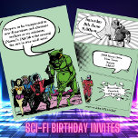 Adult Sci Fi party Science Fiction Alien comic Invitation<br><div class="desc">Why not have a themed Science Fiction birthday party. If you believe in Aliens,  and would like to be taken away by a UFO,  these invitations will appeal to you. Loving Sci Fi has no age limit,  so have some fun and rocket into space on your birthday.</div>