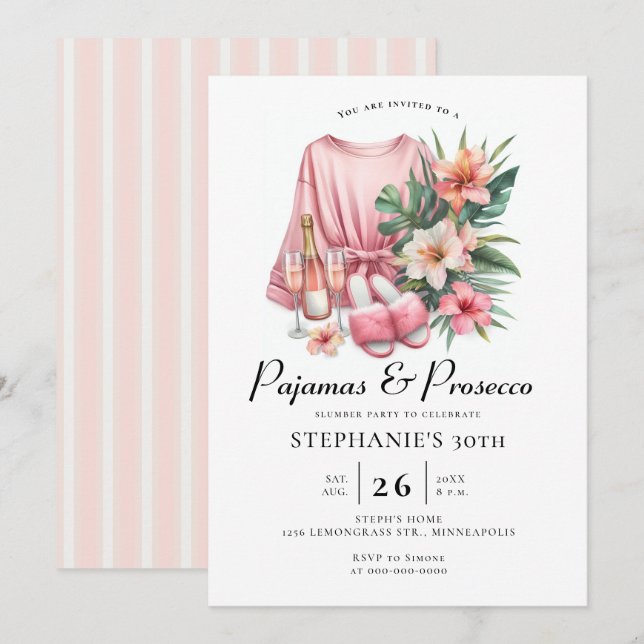 Adult Sleepover PJ Prosecco Tropical 30th Birthday Invitation (Front/Back)